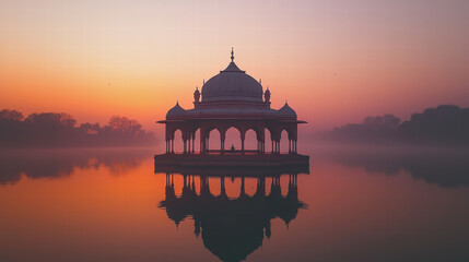 Obraz premium Sunset Reflection: A serene monument, perfectly mirrored in the tranquil water, stands silhouetted against a breathtaking sunset.
