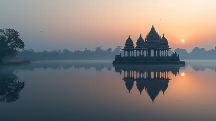Fototapeta premium Tranquil Temple at Sunrise: An ancient temple, rises gracefully from the serene waters of a misty lake, kissed by the golden hues of sunrise.