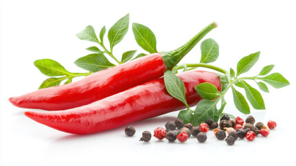 Fresh red chili peppers with green leaves and black peppercorns create vibrant and spicy composition