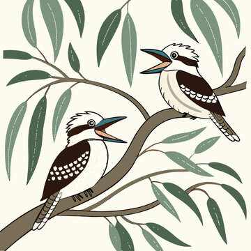 Vector illustration of two laughing kookaburras perched on a gum tree branch, perfect for wildlife or Australian-themed designs.