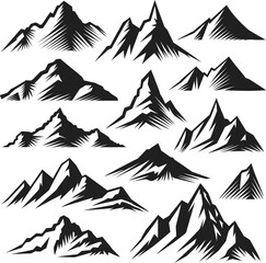 A set of black mountain silhouettes in various styles and shapes, designed as vector elements. Perfect for nature-themed logos, adventure branding, travel graphics, and outdoor posters.