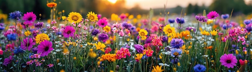 Blooming flowers in meadow with paradise feel and dreamy concept. Vibrant wildflower field at sunset, showcasing nature's beauty.