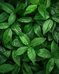 Lush green foliage with water droplets natural texture background