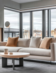 Fototapeta premium Modern living room with large windows overlooking urban landscape in daylight