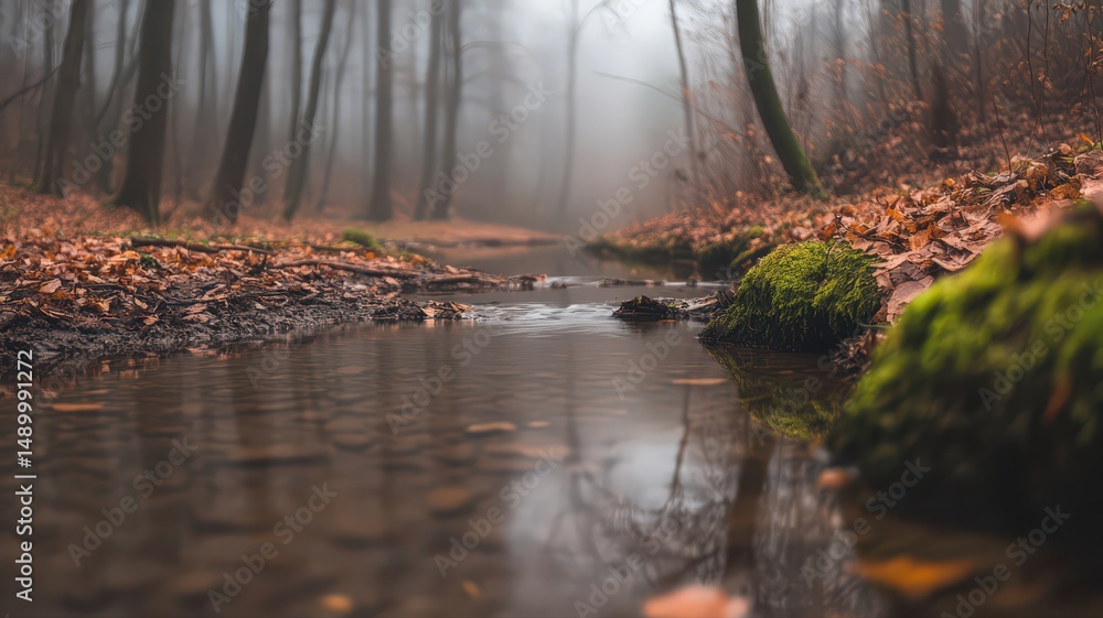 Poster mystical forest creek surrounded by moss and light fog in a moody autumn setting