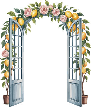 Charming floral arch vector with lemon trees and soft pink roses over an open garden gate. Perfect for wedding invitations, romantic scenes, or spring garden decor.
