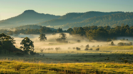 Fototapeta premium Misty sunrise over rolling hills and lush meadows