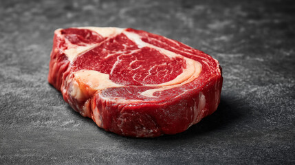 Close-up of a raw ribeye steak with marbled fat, placed on a dark textured surface
