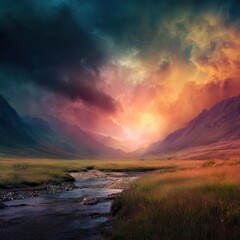 Majestic Sunset Over Serene Valley with Dramatic Clouds and Vibrant Colors Reflected in the Scenic Landscape of Nature's Tranquil Beauty