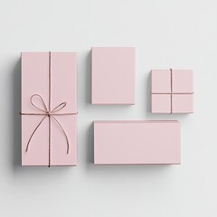 Four light pink gift boxes of varying sizes, tied with beige twine