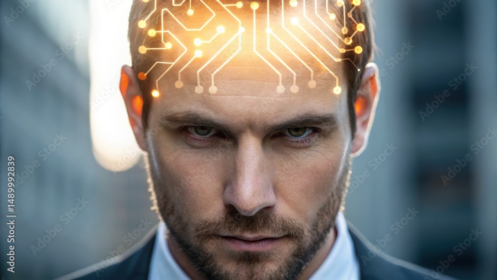 Poster a man with a serious expression has a circuit-like design overlaying his head, symbolizing technolog