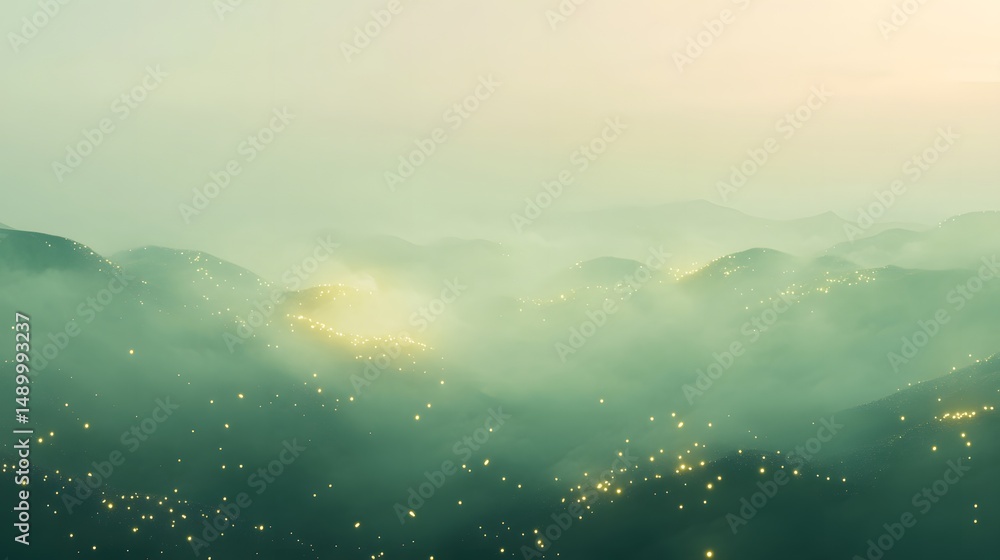Poster soft lime gradient with delicate golden floating lights and haze