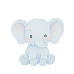 Fototapeta premium Cute watercolor baby elephant illustration with pink cheeks and big ears on white background 