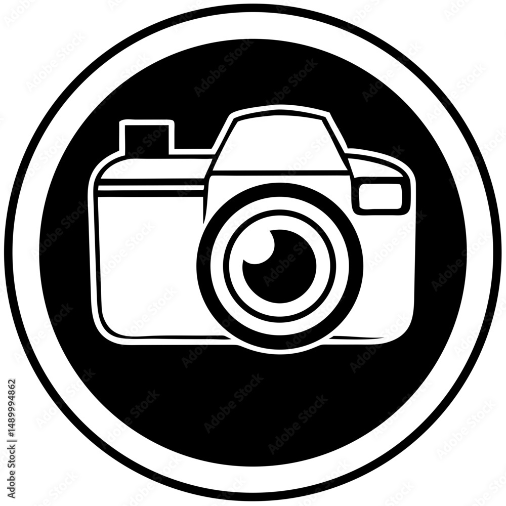 Poster camera icon in black and white with circular background design