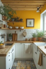 Fototapeta premium Bright Yellow and White Small Kitchen Interior Design with Wood Accents and Greenery
