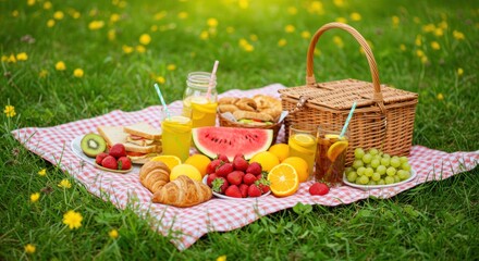 Outdoor picnic with fresh fruits and drinks