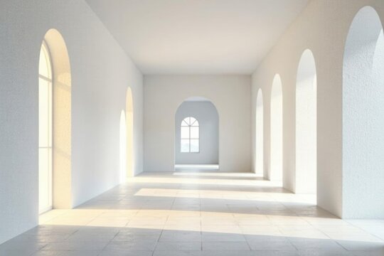 Sleek hallway with white walls, arched doorways, and minimal decor, modern, hallway