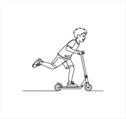 Continuous One Line Drawing of Children Playing on Scooters Outdoors Vector Line Art
