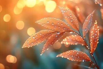 Close Up of Dew Covered Autumn Leaves with Bokeh Background