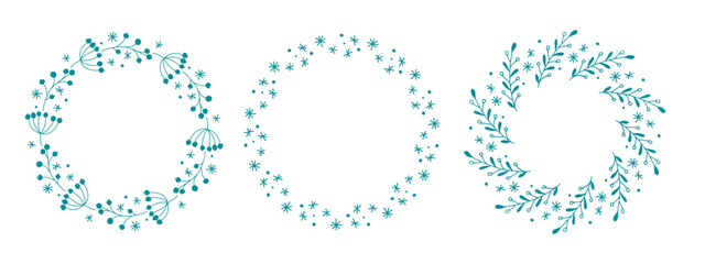 Winter wreath set. Circle Winter twigs and berries, snowflakes frames for design, for greeting card, invitation. Hand drawn doodle style. Floral illustration with copy space. Wreaths from branches.
