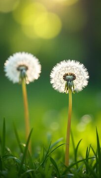 Fototapeta Soft focus dandelion seeds on blurry spring background, dandelion, focus