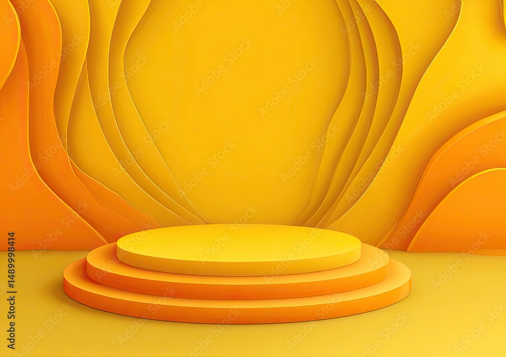 Poster abstract yellow 3d render of a product display podium with wave background