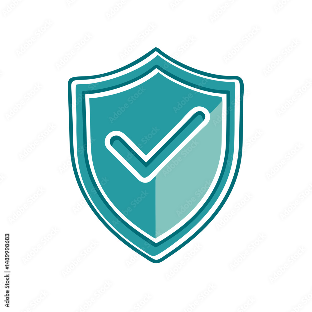 Poster shield icon with checkmark design in soft teal colors for security