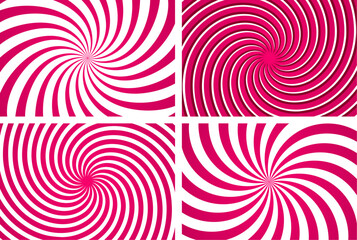 Pink Swirl Spiral Patterns: Abstract Vector Backgrounds Collection features four vibrant pink and white spiral patterns with hypnotic radial designs. Perfect for branding projects,website backgrounds,