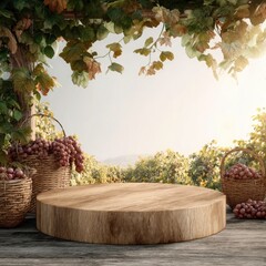 Rustic Wooden Display Platform with Grapes in Wicker Baskets Vineyard Setting