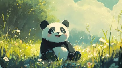 Cute panda in a flower meadow