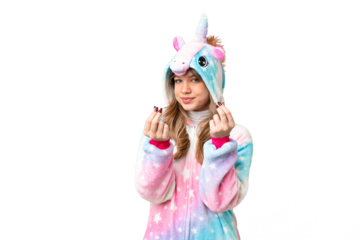 Young girl with unicorn pajamas over isolated chroma key background making money gesture