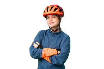 Young cyclist girl over isolated chroma key background keeping the arms crossed in frontal position