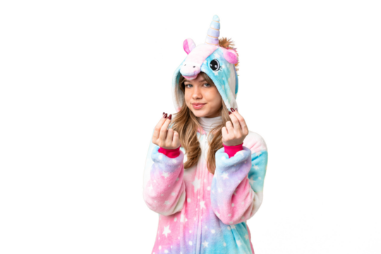 Young girl with unicorn pajamas over isolated chroma key background making money gesture
