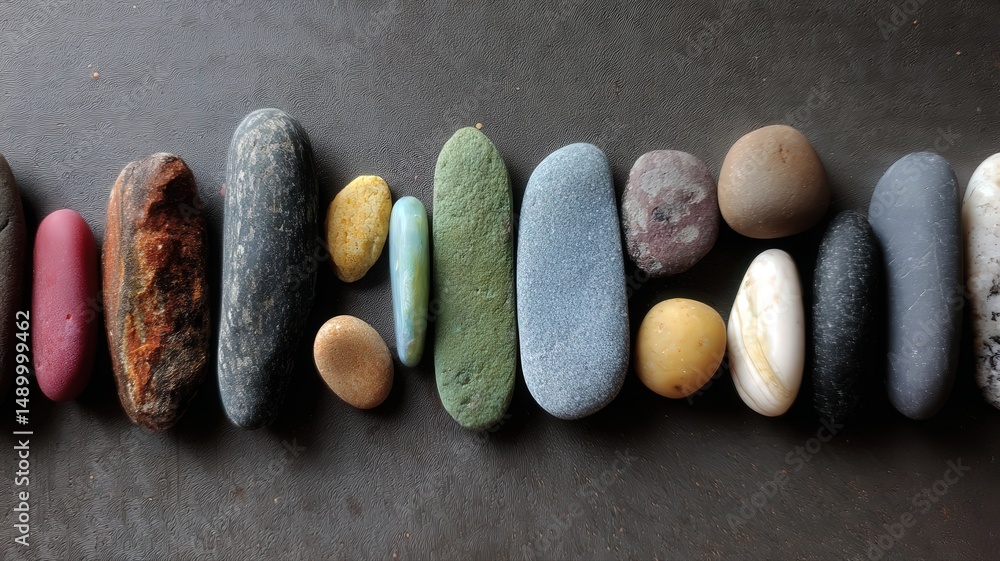 Poster neatly arranged colorful pebbles with one out of alignment on a dark surface