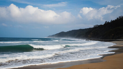 Scenic Ocean Landscape with Waves, Sandy Beach, and Forested Cliff. alm coastal view featuring ocean waves softly reaching the sandy shore under a cloudy sky.