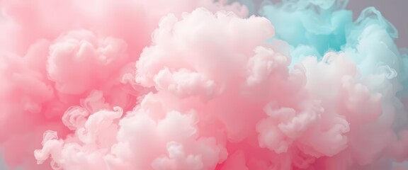 Fototapeta premium Soft pastel pink and turquoise smoke clouds billow and dissipate, creating a gentle explosion, image, macro