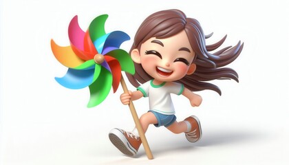 Obraz premium Child running with colorful pinwheel outdoor playground illustration bright day joyful scene fun concept