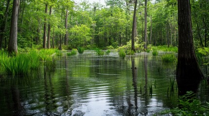Swamp tranquility Still water reflects lush green forest