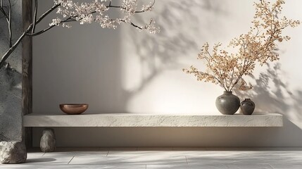 Calm, minimalist space with natural elements. Soft light bathes a stone shelf, adorned with dried branches, a copper bowl and aged pots.  Gentle shadows accentuate the serene atmosphere