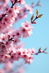 Obraz premium Soft pink cherry blossoms on tree branches against clear sky, season, spring