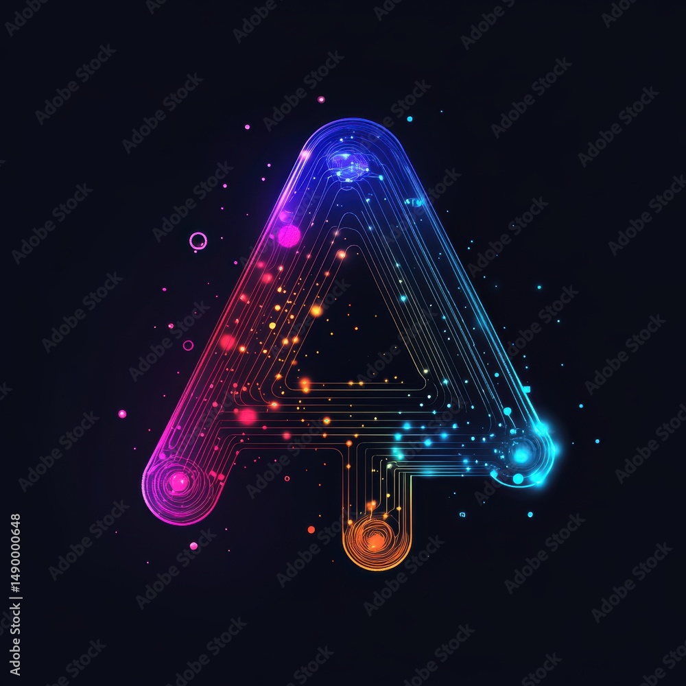 Poster glowing circuit board triangle network on a dark background