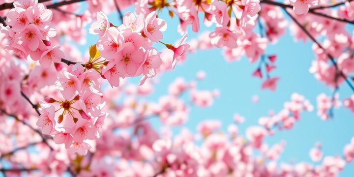 Soft pink sakura blossoms gently falling on a vibrant spring day, creating a beautiful floral background, scenic, spring