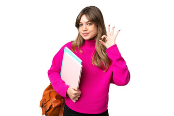 Young student girl over isolated chroma key background showing ok sign with fingers