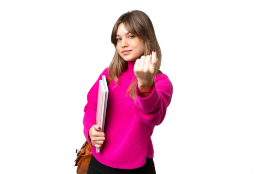 Young student girl over isolated chroma key background doing coming gesture