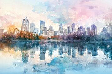 Obraz premium Serene cityscape watercolor painting autumn skyline reflection