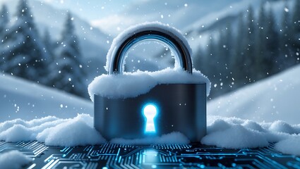 Secure network encryption symbolized by a padlock in winter snow scene