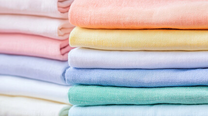 Soft fabric stacks in pastel colors create calming and inviting atmosphere, perfect for home decor or fashion projects