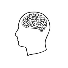 Head with confused think. People Mental health issue concept. Hand drawn brain in head vector Illustration. Sketch Style