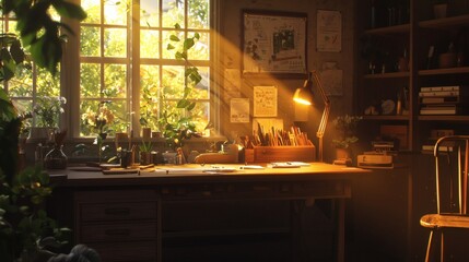 16. Crafting table with materials, lit by a flexible warm lamp and window light
