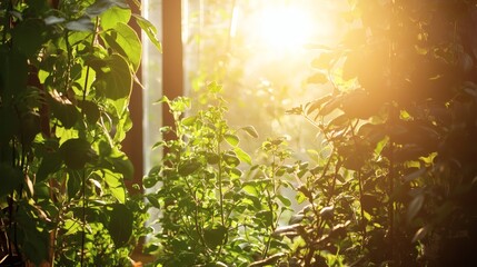 25. Greenhouse interior with plants, lit by abundant sunlight and supplemental warm grow lights